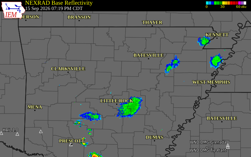 Current NEXRAD radar over Cleburne County, Arkansas with recent storm report locations