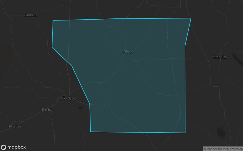 Map of Cleveland County, Arkansas showing the county boundary and surrounding cities