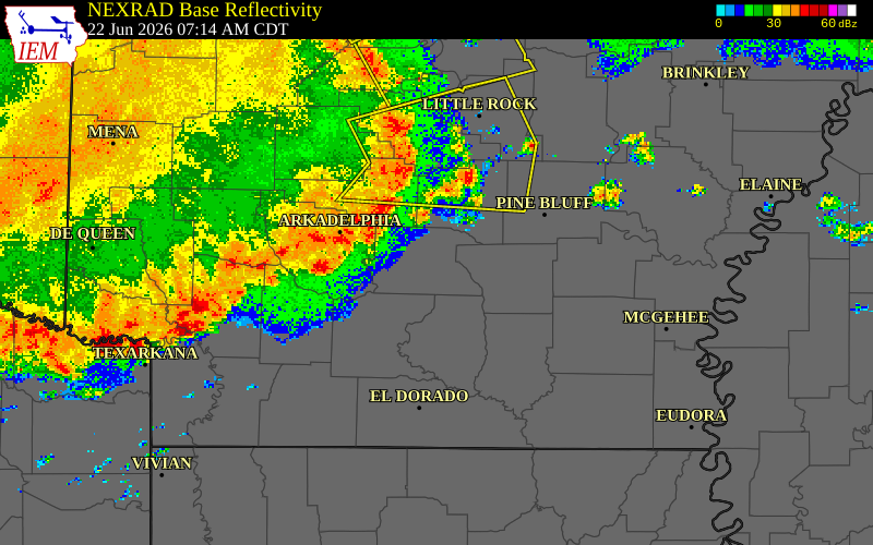 NEXRAD radar during the Monday, June 22, 2026 storm activity in Cleveland County, Arkansas