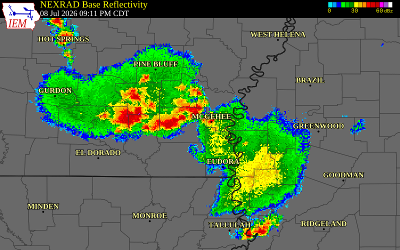 NEXRAD radar during the Wednesday, July 8, 2026 storm activity in Cleveland County, Arkansas