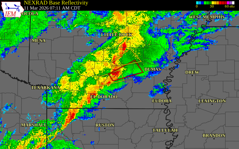 Radar snapshot during the Mar 15, 2026 hail event near Rye, Cleveland County, Arkansas, with NWS warning polygons
