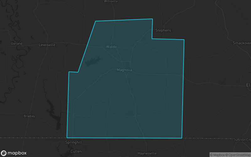 Map of Columbia County, Arkansas showing the county boundary and surrounding cities