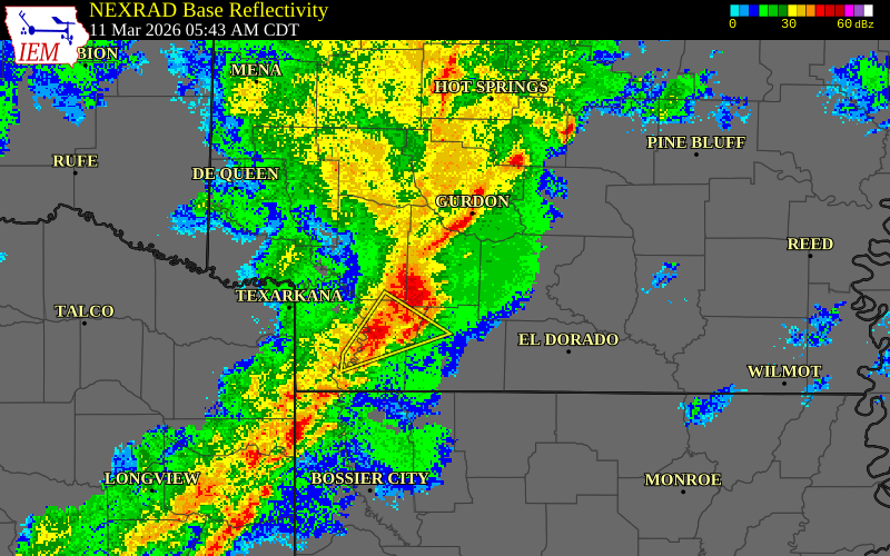 NEXRAD radar during the Wednesday, March 11, 2026 storm activity in Columbia County, Arkansas