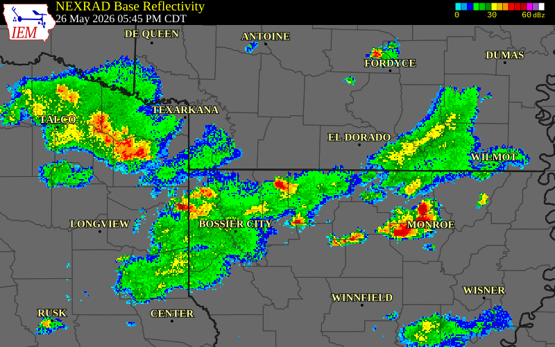 NEXRAD radar during the Tuesday, May 26, 2026 storm activity in Columbia County, Arkansas