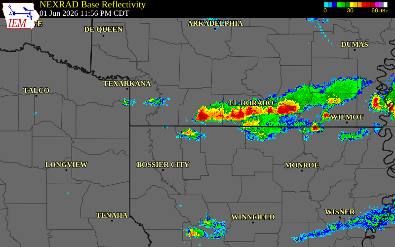 NEXRAD radar during the Monday, June 1, 2026 storm activity in Columbia County, Arkansas