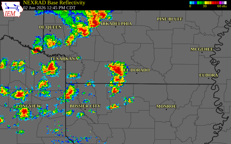NEXRAD radar during the Tuesday, June 2, 2026 storm activity in Columbia County, Arkansas