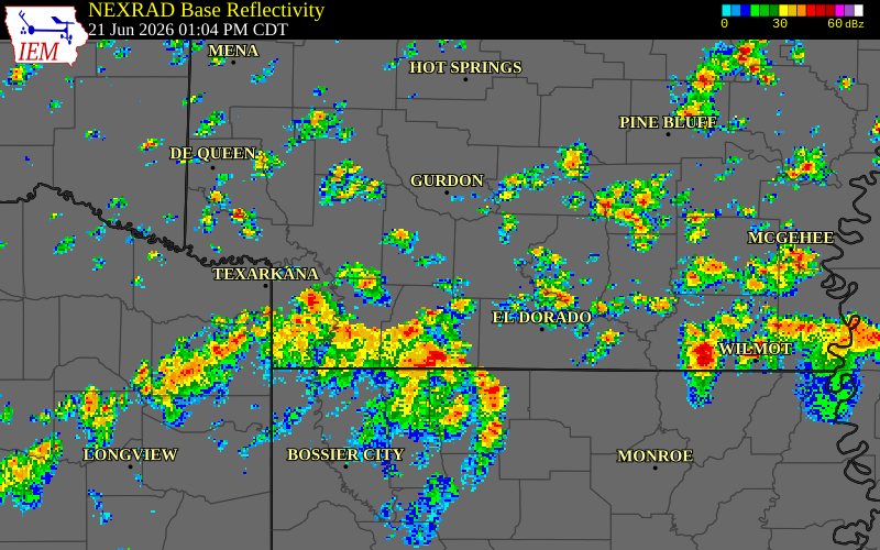 NEXRAD radar during the Sunday, June 21, 2026 storm activity in Columbia County, Arkansas
