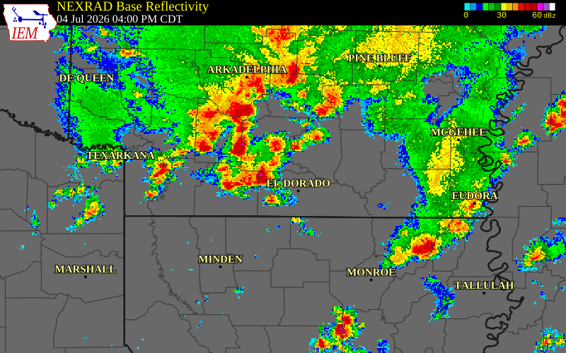 NEXRAD radar during the Saturday, July 4, 2026 storm activity in Columbia County, Arkansas