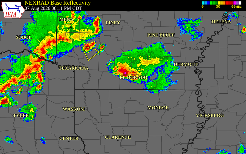 Radar snapshot during the Aug 7, 2026 hail event near Columbia County, Columbia County, Arkansas, with NWS warning polygons