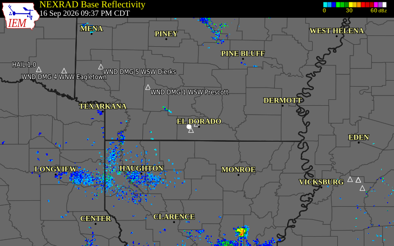 Current NEXRAD radar over Columbia County, Arkansas with recent storm report locations