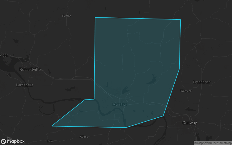 Map of Conway County, Arkansas showing the county boundary and surrounding cities