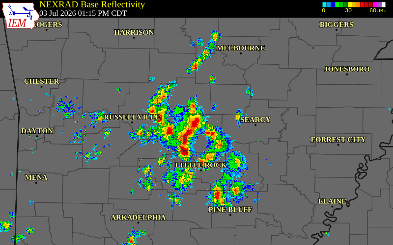 NEXRAD radar during the Friday, July 3, 2026 storm activity in Conway County, Arkansas