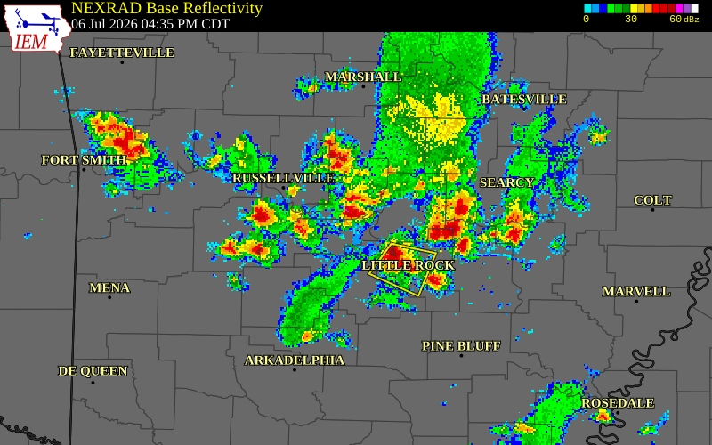NEXRAD radar during the Monday, July 6, 2026 storm activity in Conway County, Arkansas