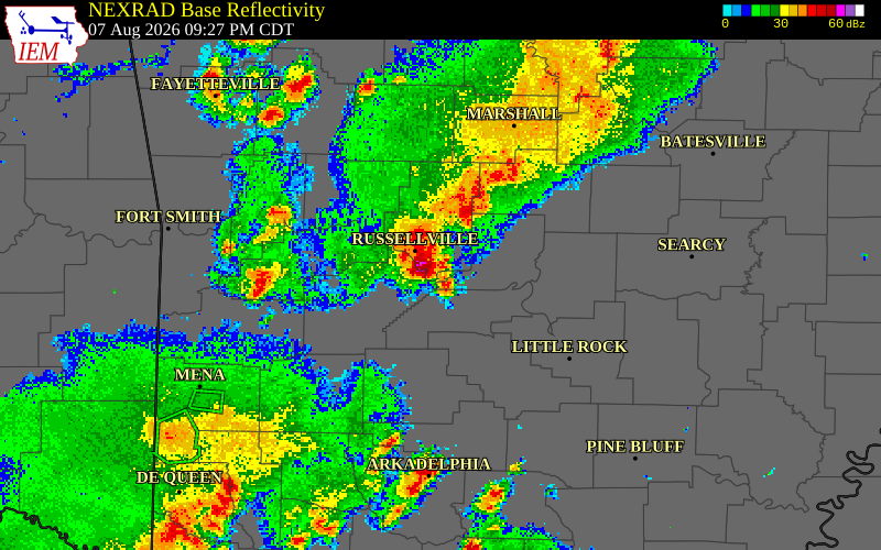 NEXRAD radar during the Friday, August 7, 2026 storm activity in Conway County, Arkansas