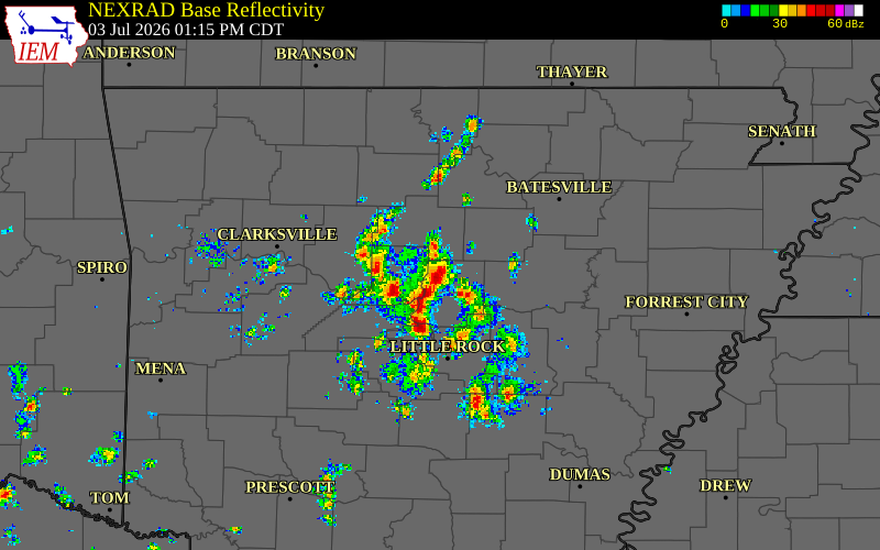 Radar snapshot during the Jul 3, 2026 wind event near Conway County, Conway County, Arkansas, with NWS warning polygons