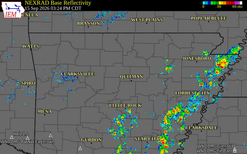 Current NEXRAD radar over Conway County, Arkansas with recent storm report locations