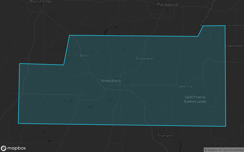 Map of Craighead County, Arkansas showing the county boundary and surrounding cities