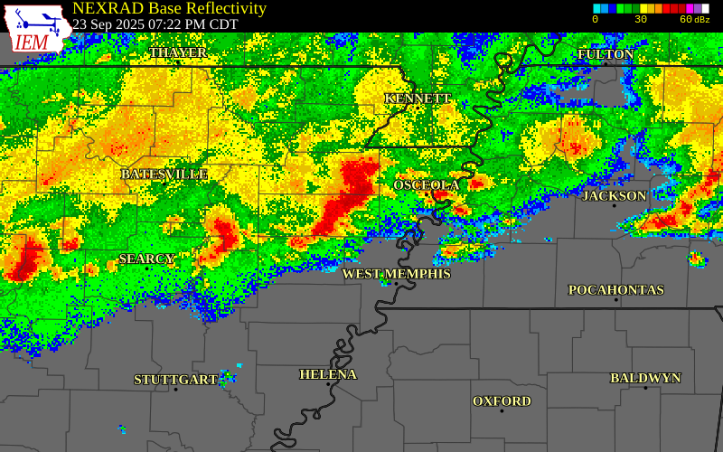 NEXRAD radar during the Tuesday, September 23, 2025 storm activity in Craighead County, Arkansas