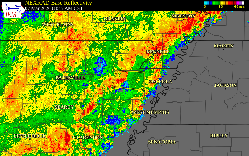 NEXRAD radar during the Saturday, March 7, 2026 storm activity in Craighead County, Arkansas