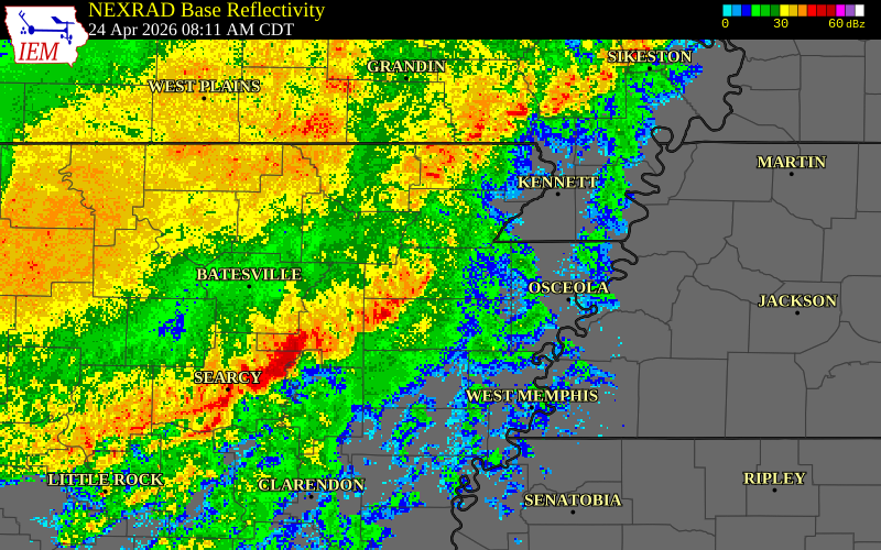 NEXRAD radar during the Friday, April 24, 2026 storm activity in Craighead County, Arkansas