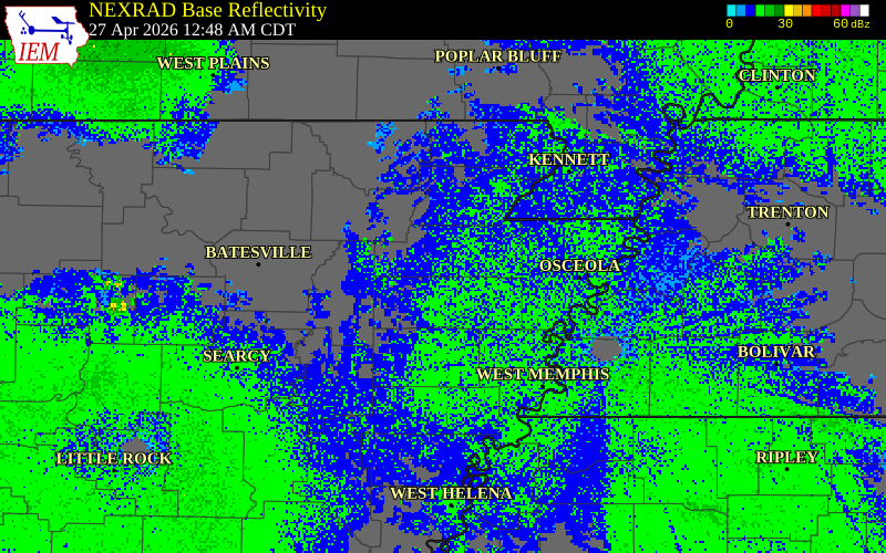 NEXRAD radar during the Monday, April 27, 2026 storm activity in Craighead County, Arkansas