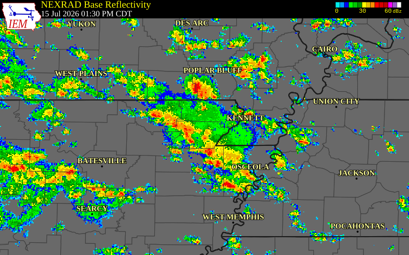 NEXRAD radar during the Wednesday, July 15, 2026 storm activity in Craighead County, Arkansas
