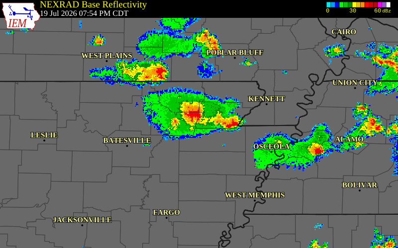 NEXRAD radar during the Sunday, July 19, 2026 storm activity in Craighead County, Arkansas