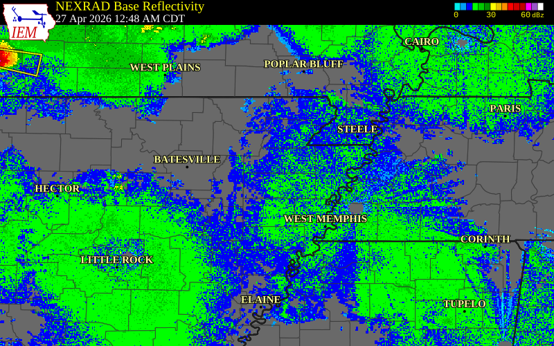 Radar snapshot during the Apr 27, 2026 tornado event near 2 NNE Greenfield, Craighead County, Arkansas, with NWS warning polygons