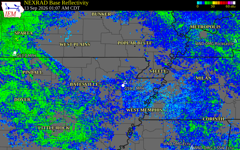 Current NEXRAD radar over Craighead County, Arkansas with recent storm report locations
