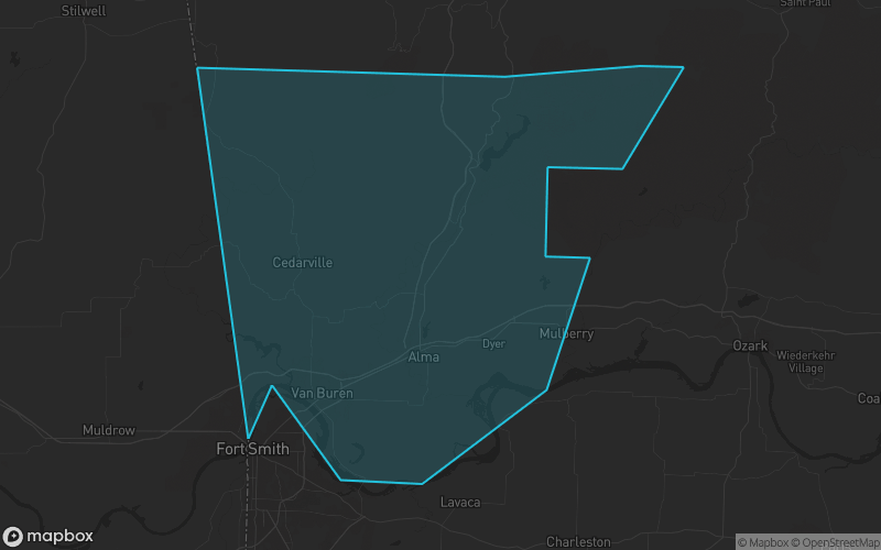 Map of Crawford County, Arkansas showing the county boundary and surrounding cities