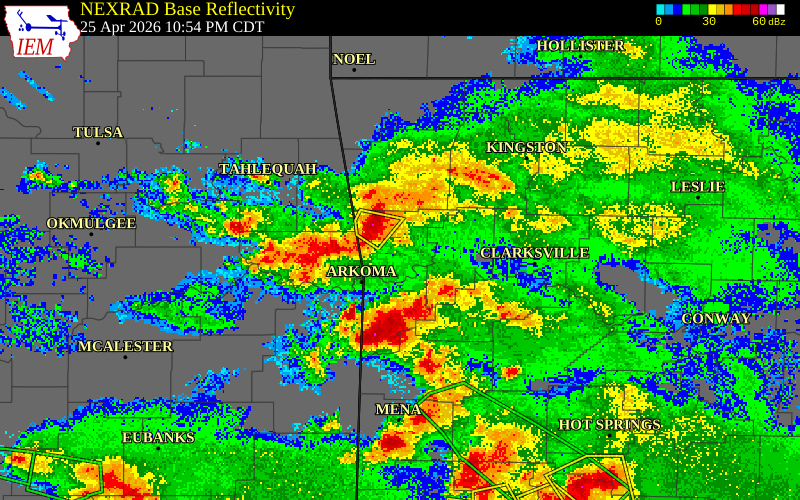 NEXRAD radar during the Saturday, April 25, 2026 storm activity in Crawford County, Arkansas