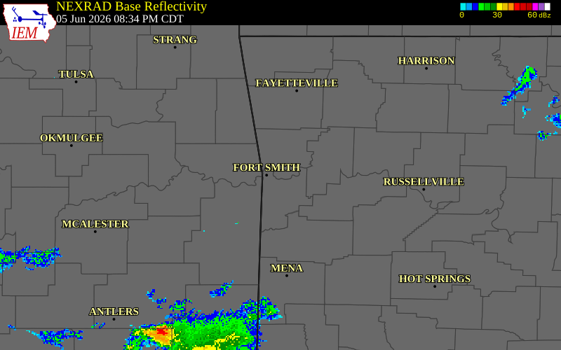 NEXRAD radar during the Friday, June 5, 2026 storm activity in Crawford County, Arkansas