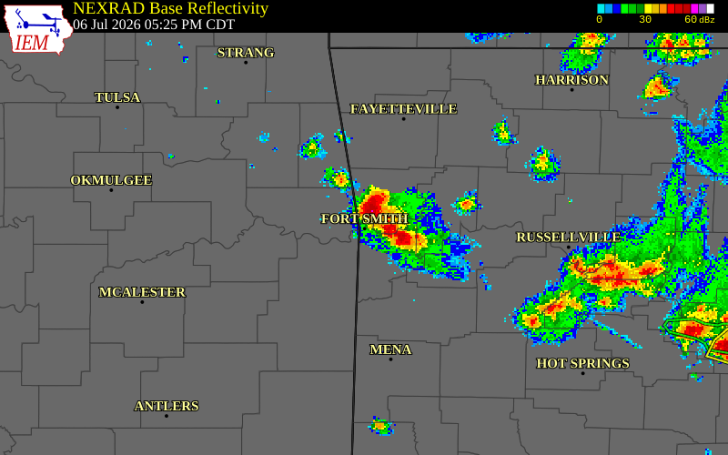 NEXRAD radar during the Monday, July 6, 2026 storm activity in Crawford County, Arkansas