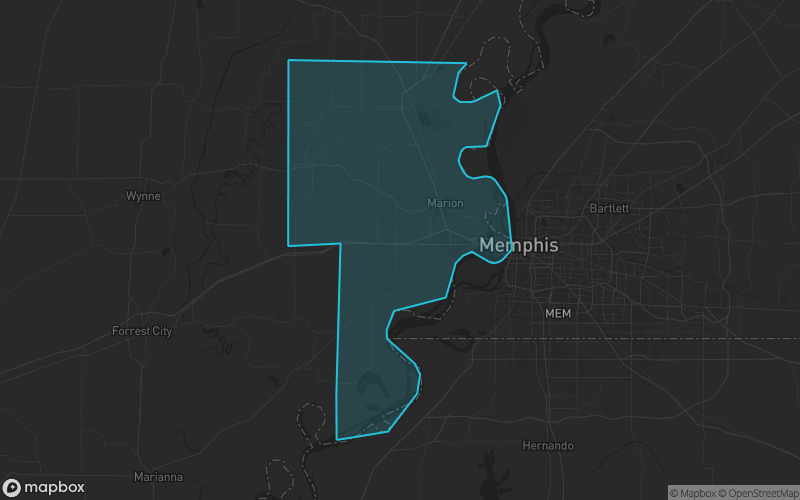 Map of Crittenden County, Arkansas showing the county boundary and surrounding cities