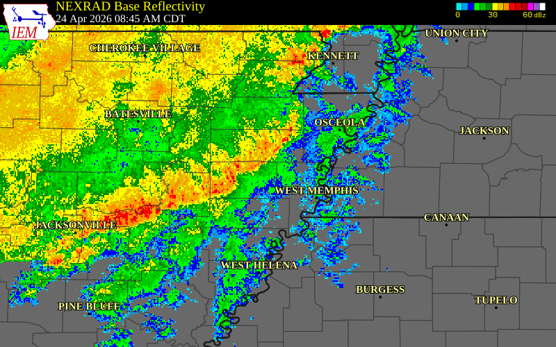 NEXRAD radar during the Friday, April 24, 2026 storm activity in Crittenden County, Arkansas