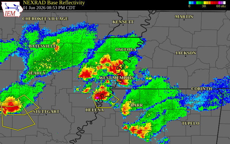 NEXRAD radar during the Monday, June 1, 2026 storm activity in Crittenden County, Arkansas