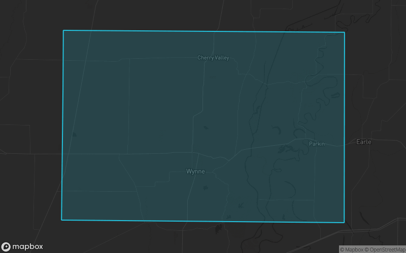 Map of Cross County, Arkansas showing the county boundary and surrounding cities
