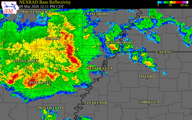 NEXRAD radar during the Monday, March 9, 2026 storm activity in Cross County, Arkansas