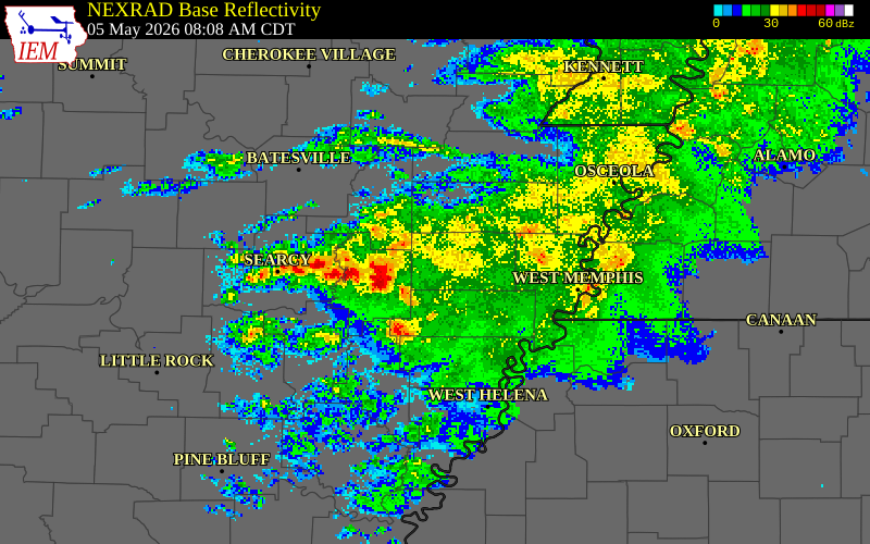 NEXRAD radar during the Tuesday, May 5, 2026 storm activity in Cross County, Arkansas