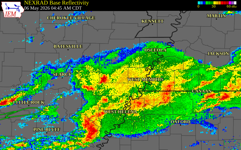 NEXRAD radar during the Wednesday, May 6, 2026 storm activity in Cross County, Arkansas
