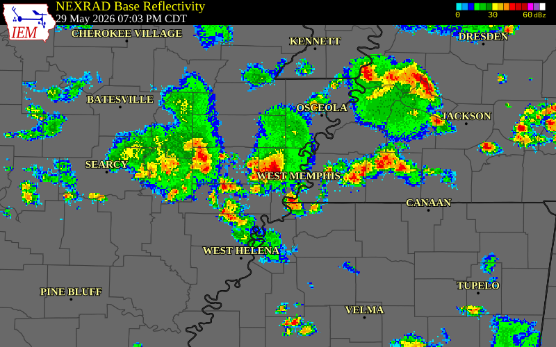 NEXRAD radar during the Friday, May 29, 2026 storm activity in Cross County, Arkansas