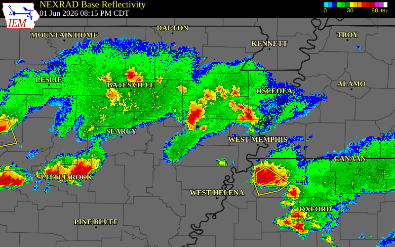 NEXRAD radar during the Monday, June 1, 2026 storm activity in Cross County, Arkansas