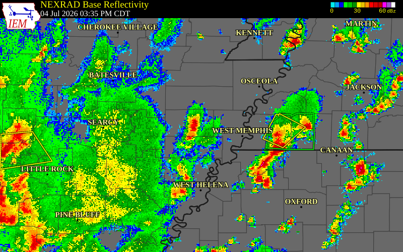 NEXRAD radar during the Saturday, July 4, 2026 storm activity in Cross County, Arkansas