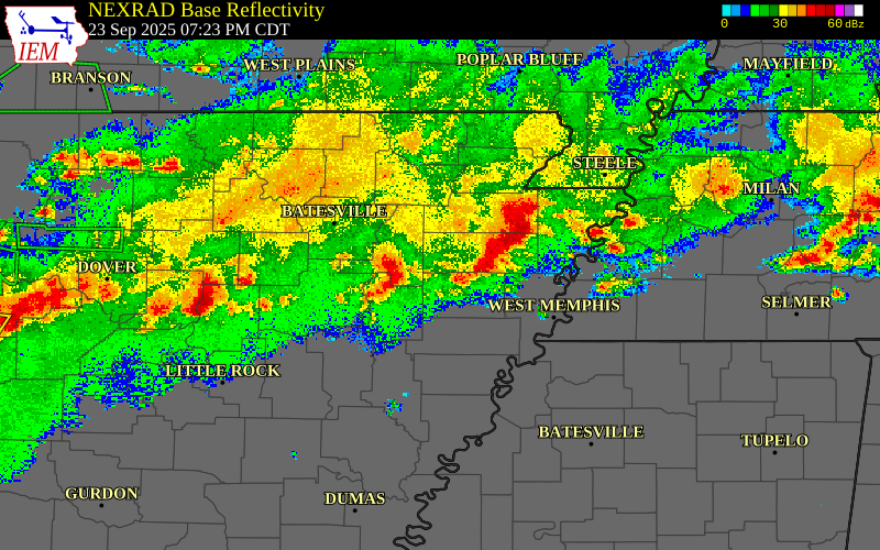 Radar snapshot during the Sep 23, 2025 wind event near Cross County, Cross County, Arkansas, with NWS warning polygons