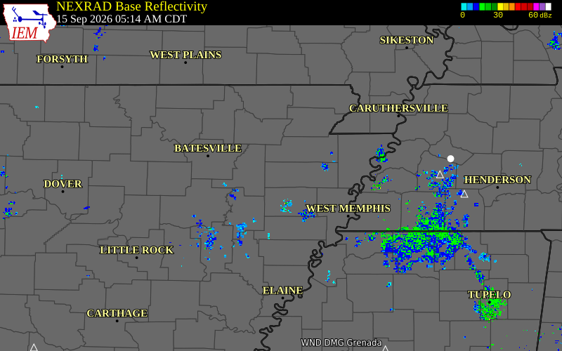 Current NEXRAD radar over Cross County, Arkansas with recent storm report locations