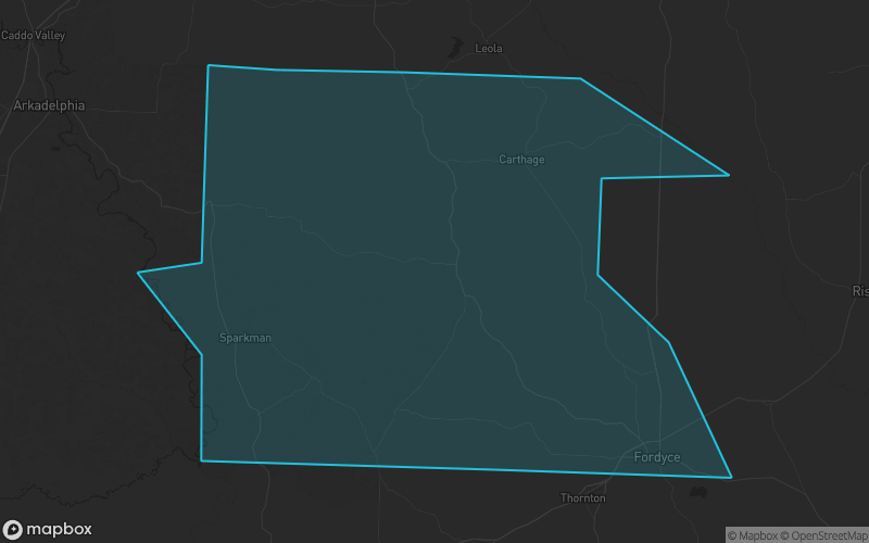 Map of Dallas County, Arkansas showing the county boundary and surrounding cities