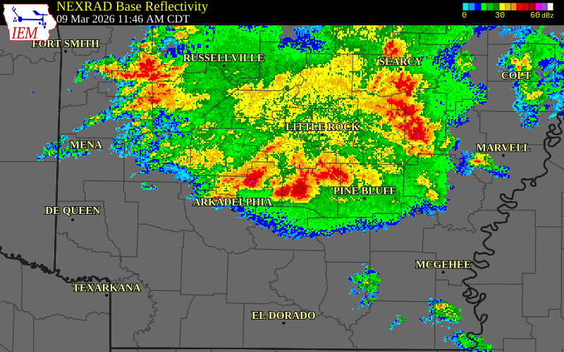 NEXRAD radar during the Monday, March 9, 2026 storm activity in Dallas County, Arkansas