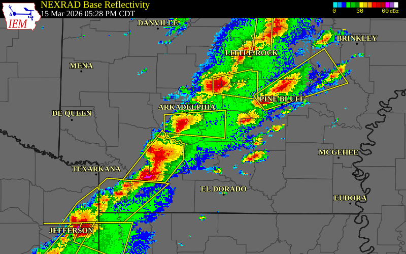 NEXRAD radar during the Sunday, March 15, 2026 storm activity in Dallas County, Arkansas