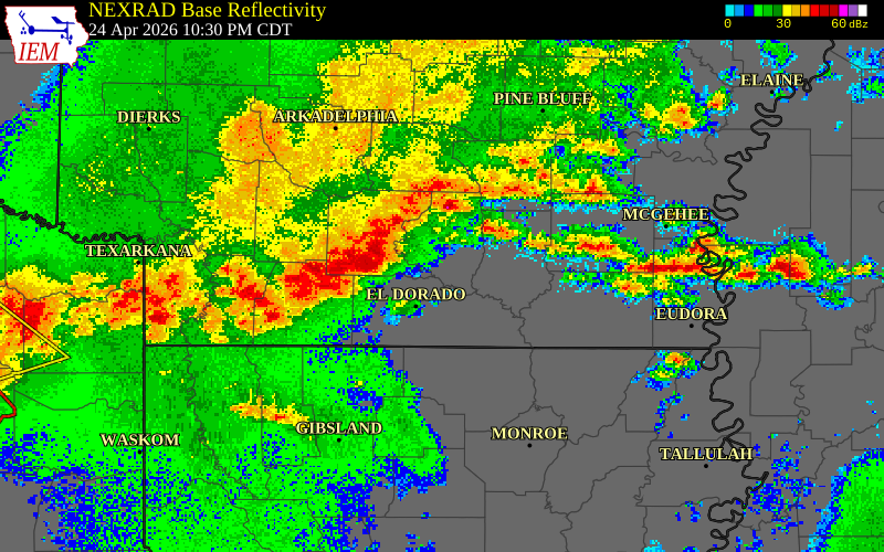 NEXRAD radar during the Friday, April 24, 2026 storm activity in Dallas County, Arkansas