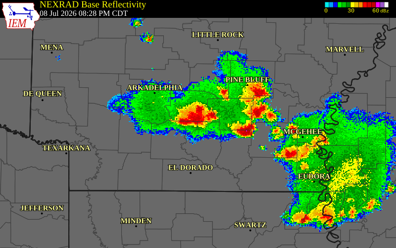 NEXRAD radar during the Wednesday, July 8, 2026 storm activity in Dallas County, Arkansas